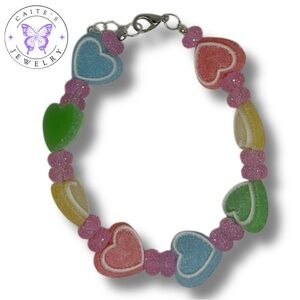 Handmade Silver Wire Bracelet with Textured Pastel Heart Beads